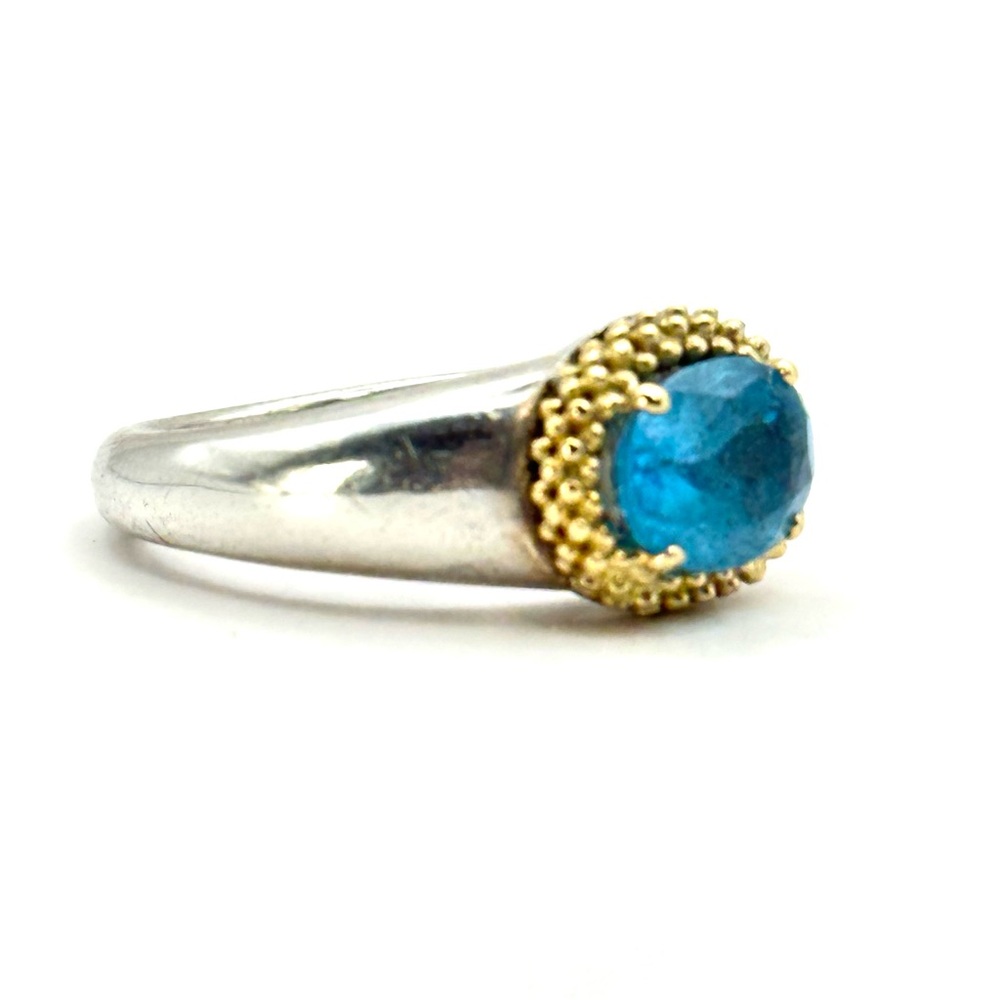 Lagos Caviar Silver & Gold Faceted Blue Topaz Ring Size 7 - Picture 5 of 13